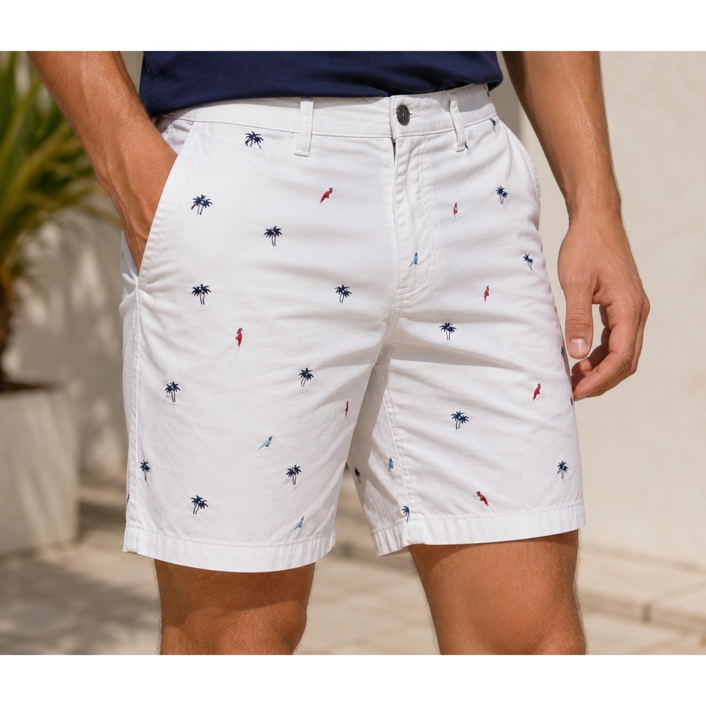 Express Mens White Tropical Palm Tree Parrot Embroidered Chino Shorts Size 32